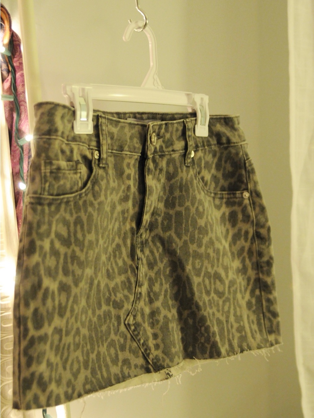 Leopard Print Denim Mini Skirt - Grey